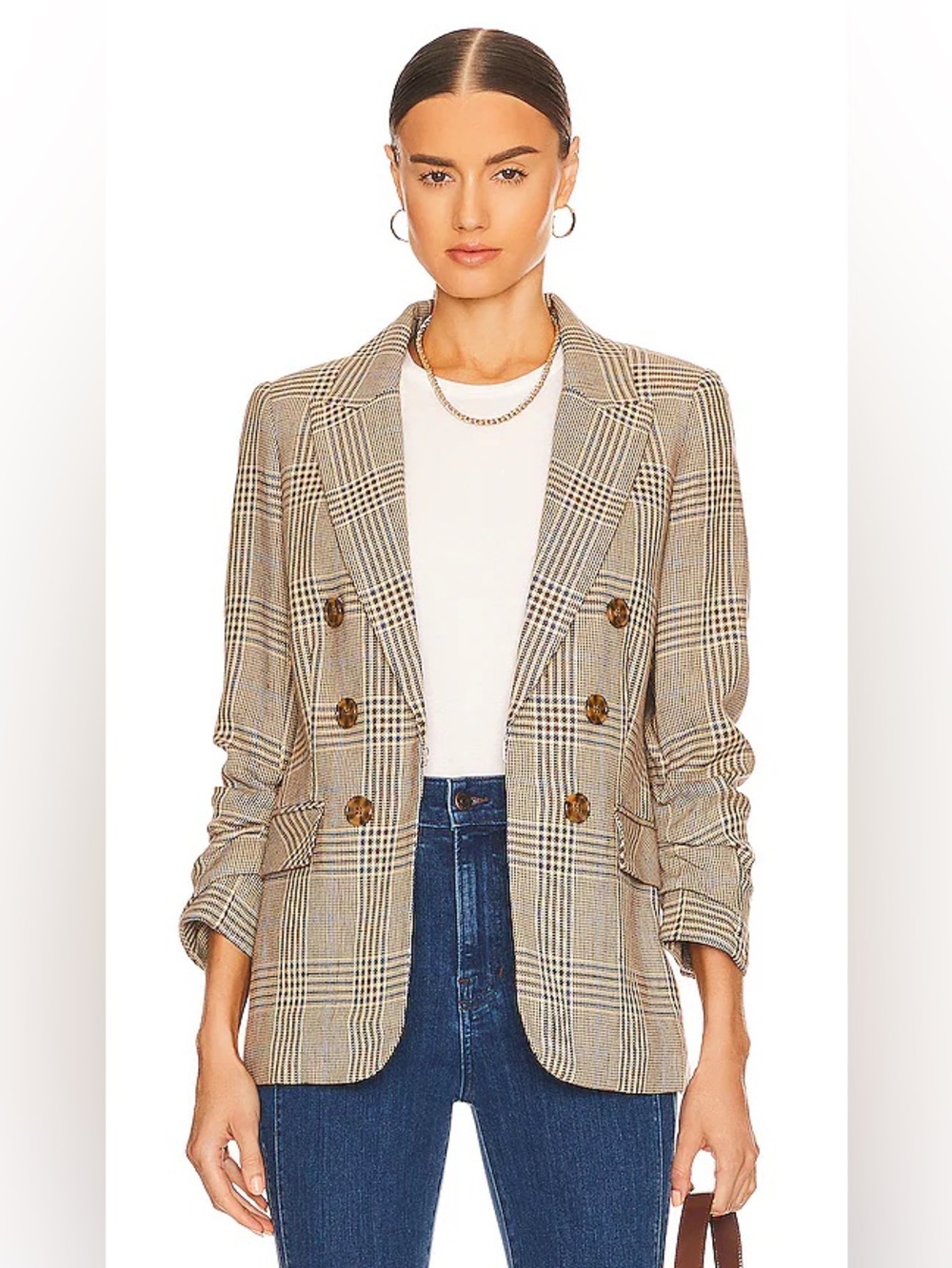 Veronica Beard Linen Beacon Plaid Dickey Blazer Jacket Camel Brown Steel Blue 4